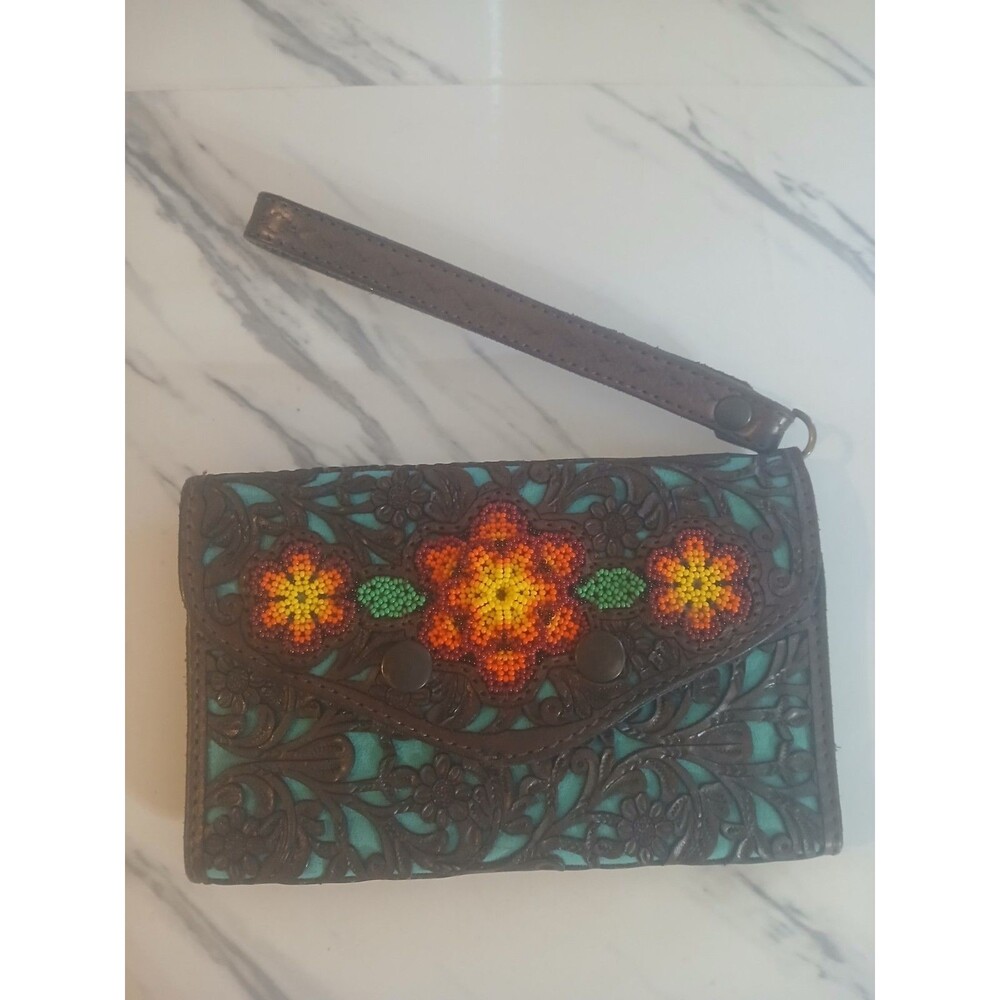 Turquoise Brown Floral Western  Clutch Purse Hand Beading Tooled Leather Boho